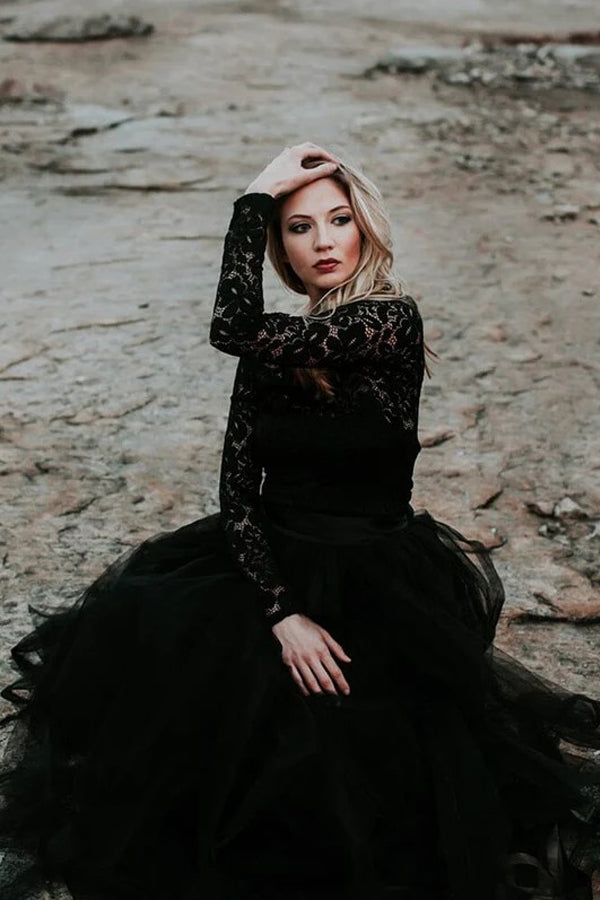Appliqued A-Line Lace Black Wedding Dress Bridal Gown TD0004