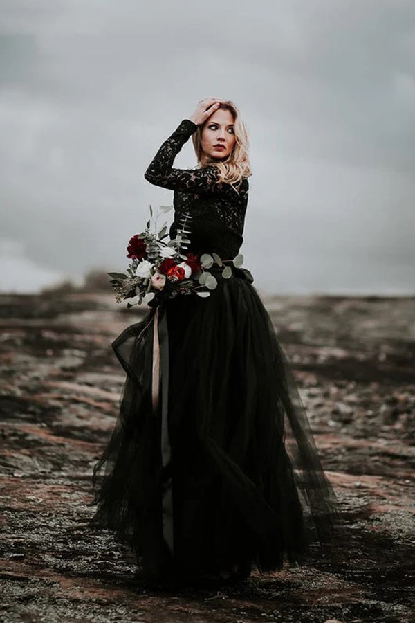 Appliqued A-Line Lace Black Wedding Dress Bridal Gown TD0004