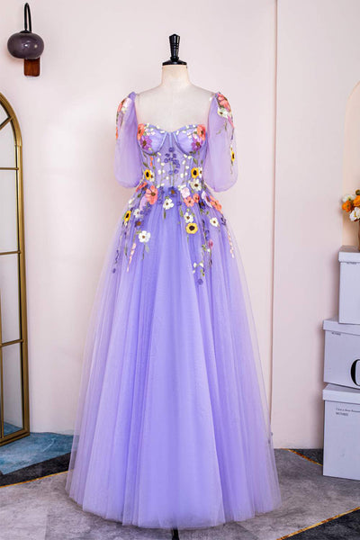 A-Line Lavender Floral Puff Sleeves Tulle Long Prom Dress TP1263 US2 / Custom Color