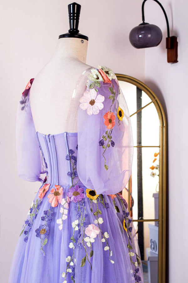 A-Line Lavender Floral Puff Sleeves Tulle Long Prom Dress TP1263-Tirdress