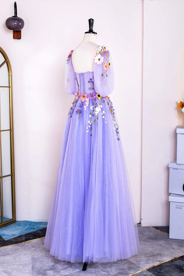A-Line Lavender Floral Puff Sleeves Tulle Long Prom Dress TP1263-Tirdress