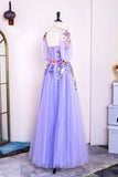 A-Line Lavender Floral Puff Sleeves Tulle Long Prom Dress TP1263-Tirdress