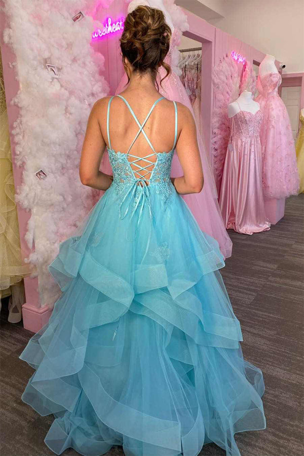 A-Line Sleeveless V-Neck Ruffles Appliques Blue Long Prom Dress-Tirdress