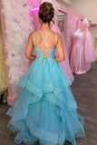 A-Line Sleeveless V-Neck Ruffles Appliques Blue Long Prom Dress-Tirdress