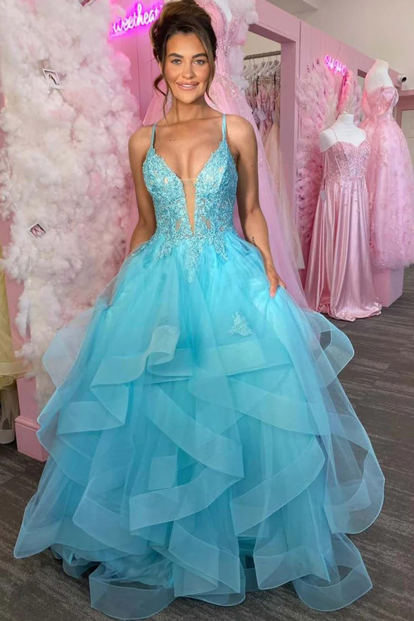 A-Line Sleeveless V-Neck Ruffles Appliques Blue Long Prom Dress-Tirdress