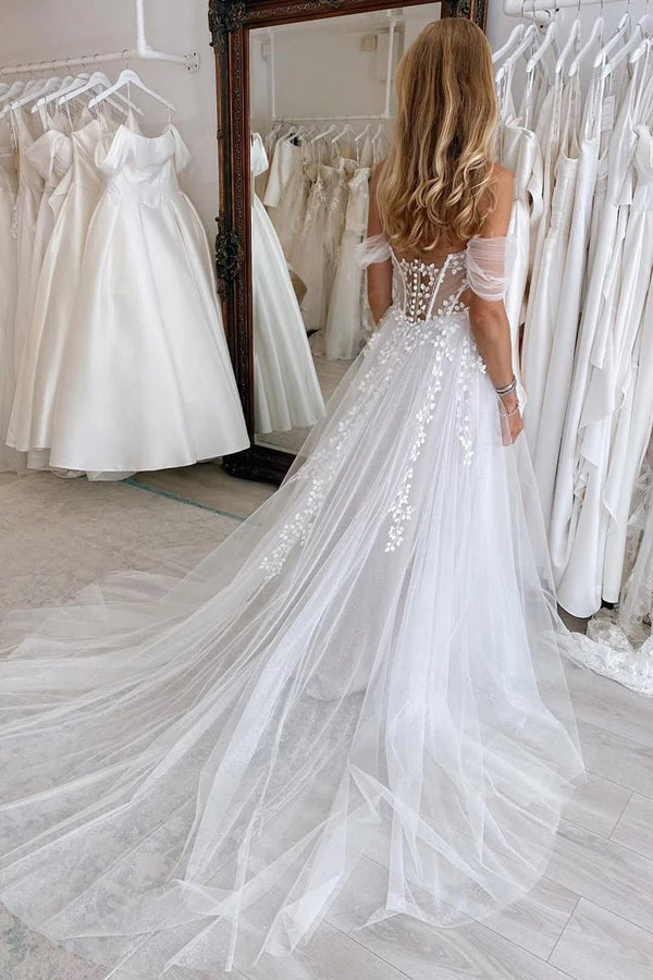 A-Line Sweetheart Tulle Appliques Beach Wedding Dress Bridal Gown-Tirdress