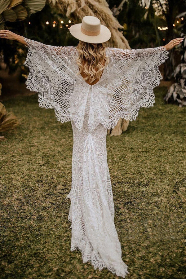 Mermaid Batwing Sleeves Boho Wedding Dress Rustic Wedding Dress
