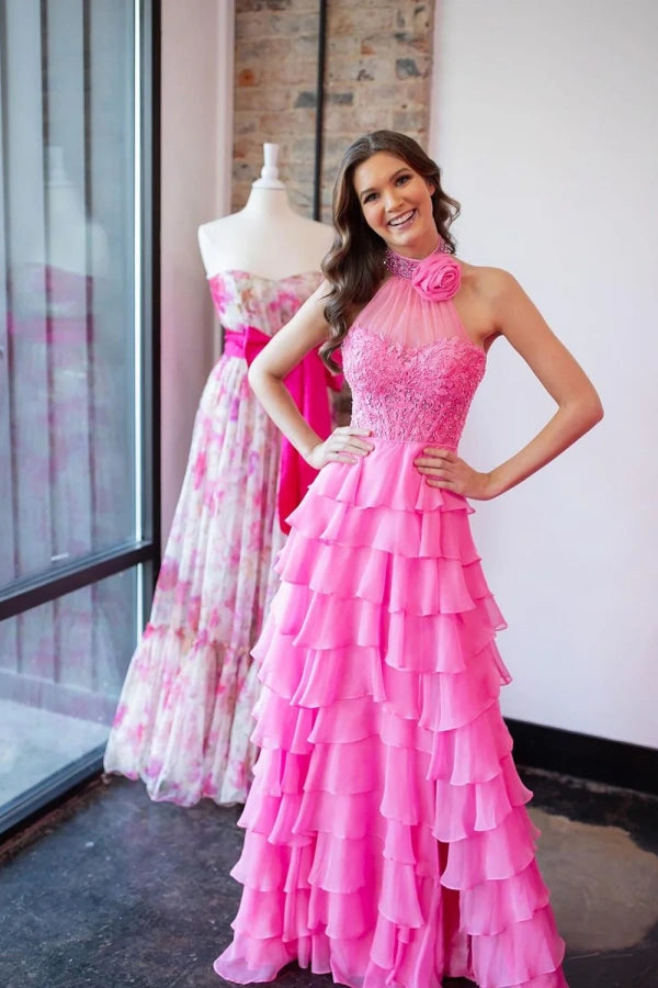A-Line Halter Flower Tiered Hot Pink Long Prom Dress TP1330-Tirdress