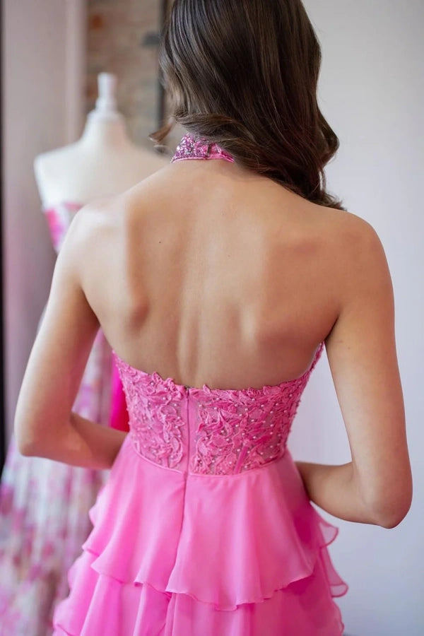 A-Line Halter Flower Tiered Hot Pink Long Prom Dress TP1330-Tirdress