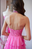 A-Line Halter Flower Tiered Hot Pink Long Prom Dress TP1330-Tirdress