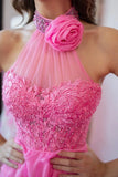 A-Line Halter Flower Tiered Hot Pink Long Prom Dress TP1330-Tirdress
