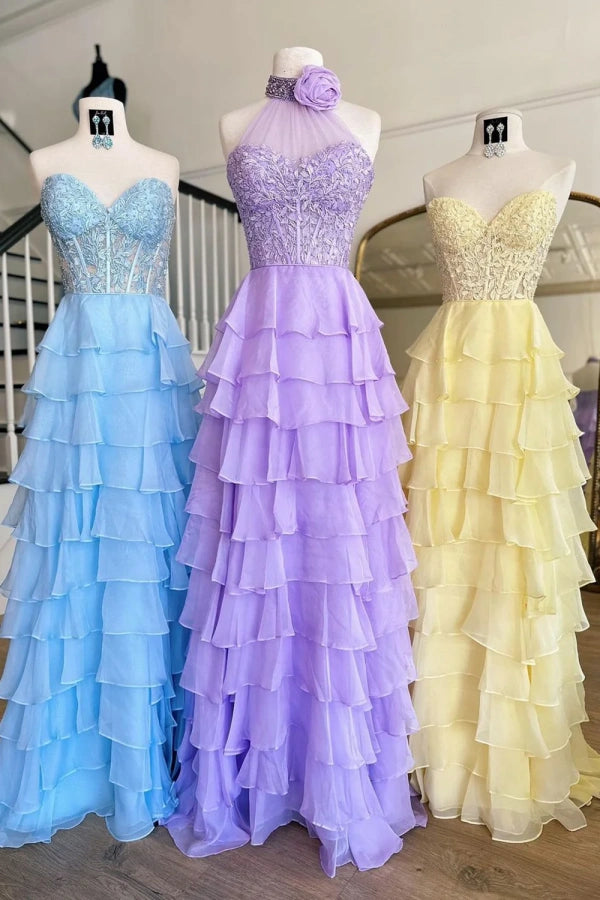 A-Line Halter Flower Tiered Hot Pink Long Prom Dress TP1330-Tirdress