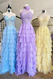 A-Line Halter Flower Tiered Hot Pink Long Prom Dress TP1330-Tirdress