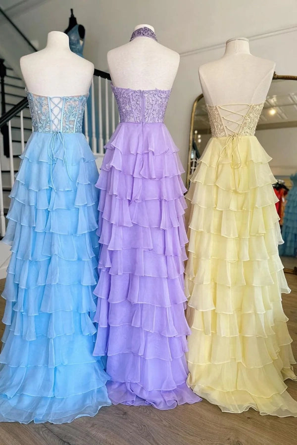 A-Line Halter Flower Tiered Hot Pink Long Prom Dress TP1330-Tirdress