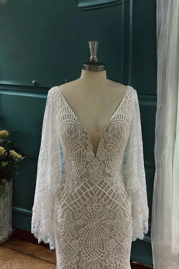 A-Line Long Sleeve Boho Wedding Dress Beach Wedding Gown-Tirdress
