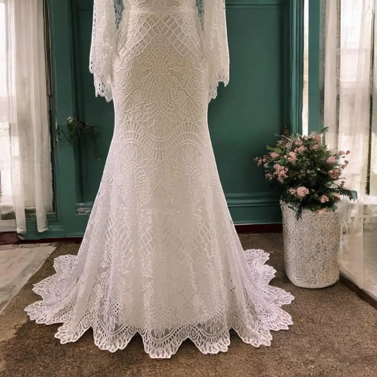 A-Line Long Sleeve Boho Wedding Dress Beach Wedding Gown-Tirdress