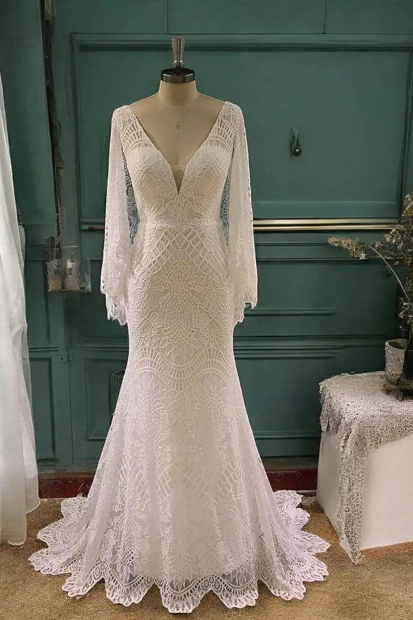 A-Line Long Sleeve Boho Wedding Dress Beach Wedding Gown-Tirdress