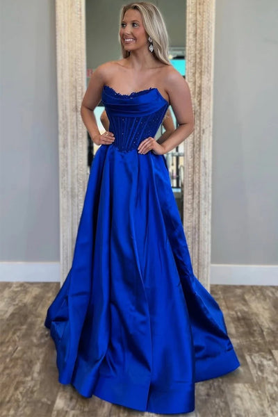 A-Line Strapless Scoop Pleated Satin Royal Blue Prom Dress Tirdress A-Line Strapless Scoop Pleated Satin Royal Blue Prom Dress Tirdress