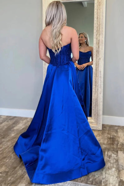 A-Line Strapless Scoop Pleated Satin Royal Blue Prom Dress Tirdress A-Line Strapless Scoop Pleated Satin Royal Blue Prom Dress Tirdress
