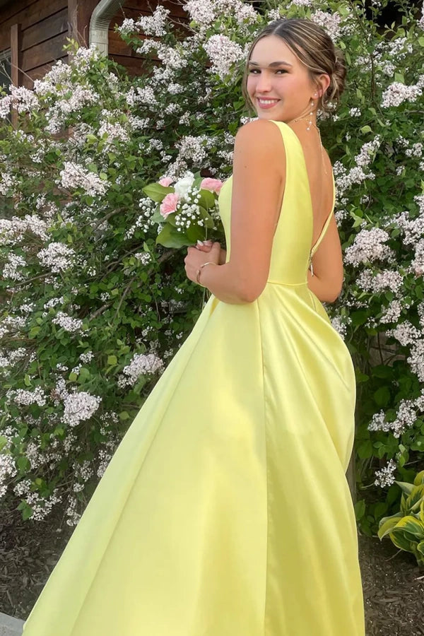 A-Line Yellow Straps Satin Long Prom Dress Party Dress TP1396-Tirdress