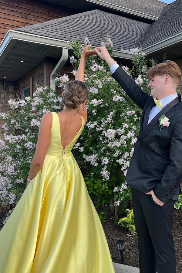 A-Line Yellow Straps Satin Long Prom Dress Party Dress TP1396-Tirdress