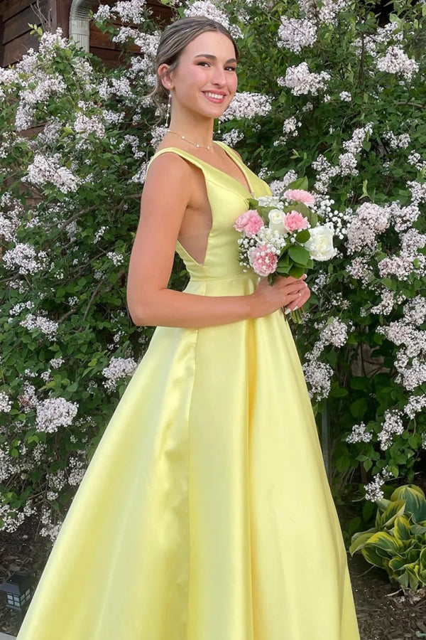 A-Line Yellow Straps Satin Long Prom Dress Party Dress TP1396-Tirdress