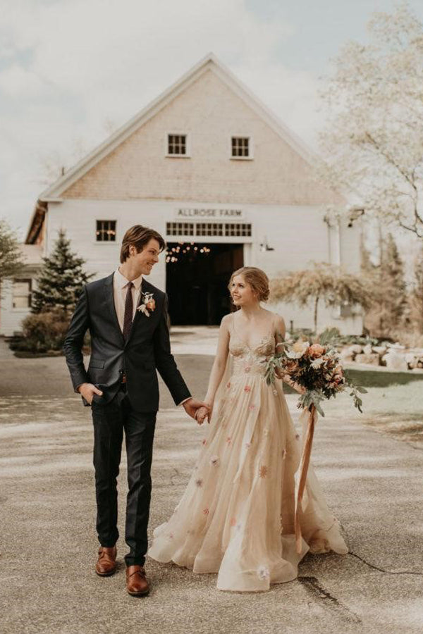 A-line 3D Flower Colorful V Neck Tulle Forest Wedding Dresses WD689 TN394-Tirdress