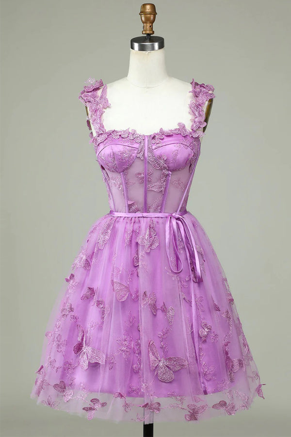 A-line Butterfly Corset Homecoming Dress Magenta Graduation Dress HD0208-Tirdress