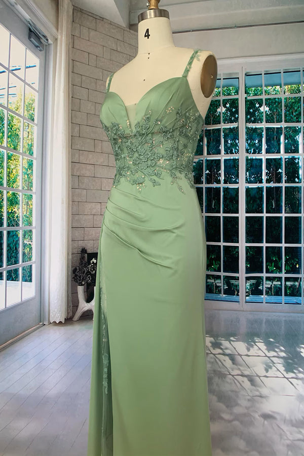 A-line Corset Green Lace Embroidered Prom Dress with Beaded-Tirdress