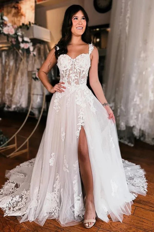 A-line Off Shoulder Elegant Wedding Dress With Lace Appliques TN405-Tirdress