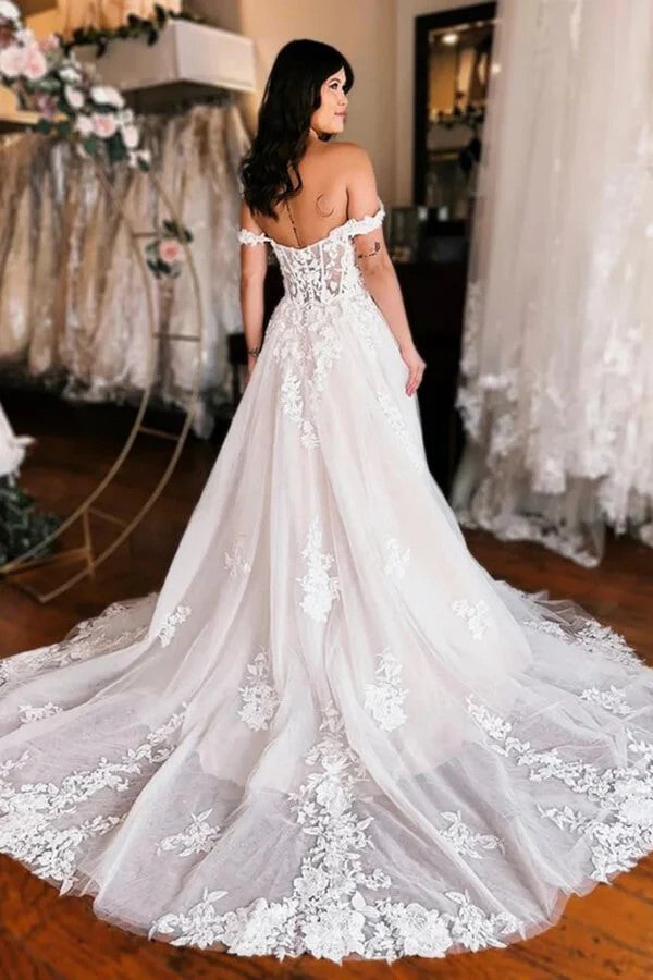 A-line Off Shoulder Elegant Wedding Dress With Lace Appliques TN405-Tirdress