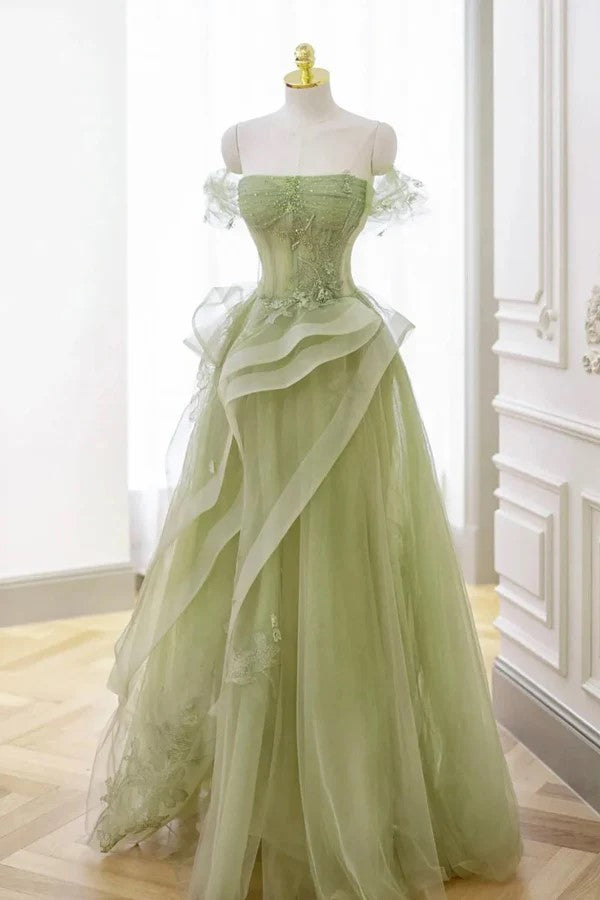 A-line Off Shoulder Green Prom Dress Party Dress With Corset TP1421-Tirdress