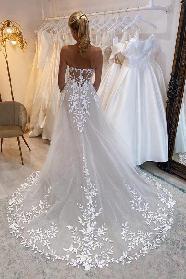 A-line Off The Shoulder Lace Applique Wedding Dresses With Court Train TN376-Tirdress