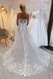 A-line Off The Shoulder Lace Applique Wedding Dresses With Court Train TN376-Tirdress