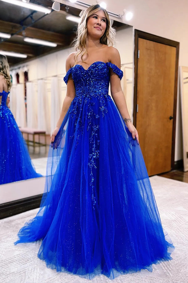 A-line Off The Shoulder Prom Dress Formal Gown With Appliques TP1290-Tirdress