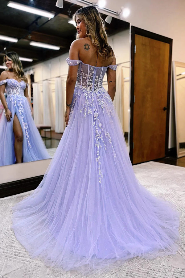 A-line Off The Shoulder Prom Dress Formal Gown With Appliques TP1290-Tirdress
