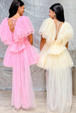 A-line Plunge V Neck Pink Homecoming Dress with Flutter Sleeves HD0211-Tirdress