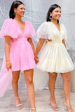 A-line Plunge V Neck Pink Homecoming Dress with Flutter Sleeves HD0211-Tirdress
