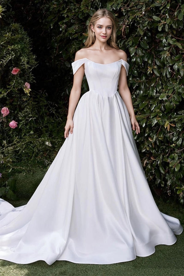 A-line Satin White Simple Wedding Dress Corset Wedding Dress-Tirdress