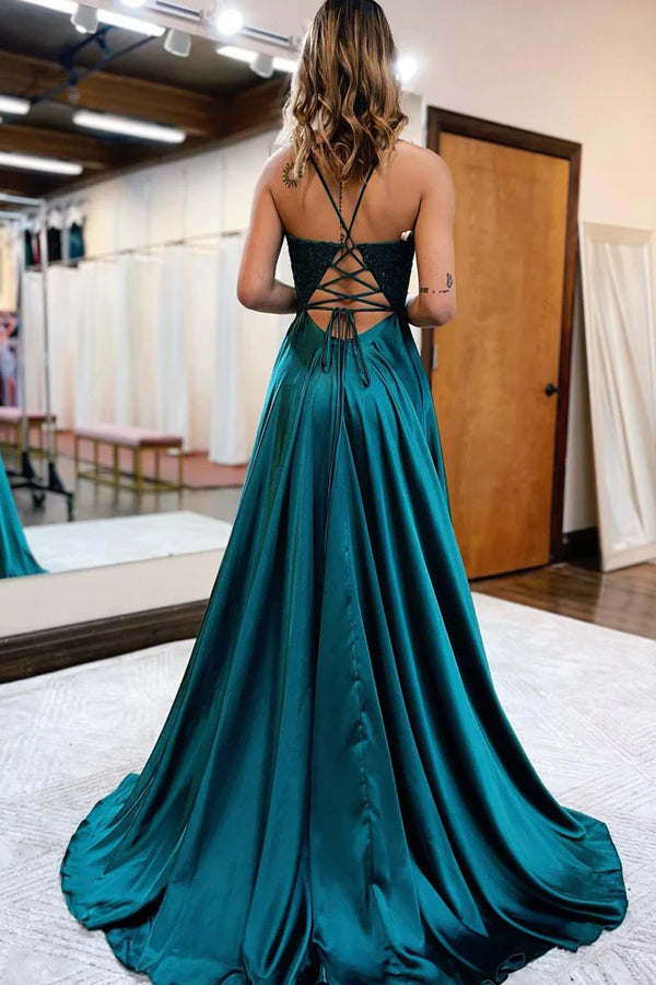 A-line Spaghetti Straps Corset Back Prom Dress With Split TP1293-Tirdress