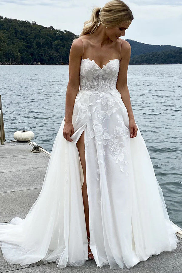A-line Spaghetti Straps Sleeveless Split Beach Wedding Dress TD0024