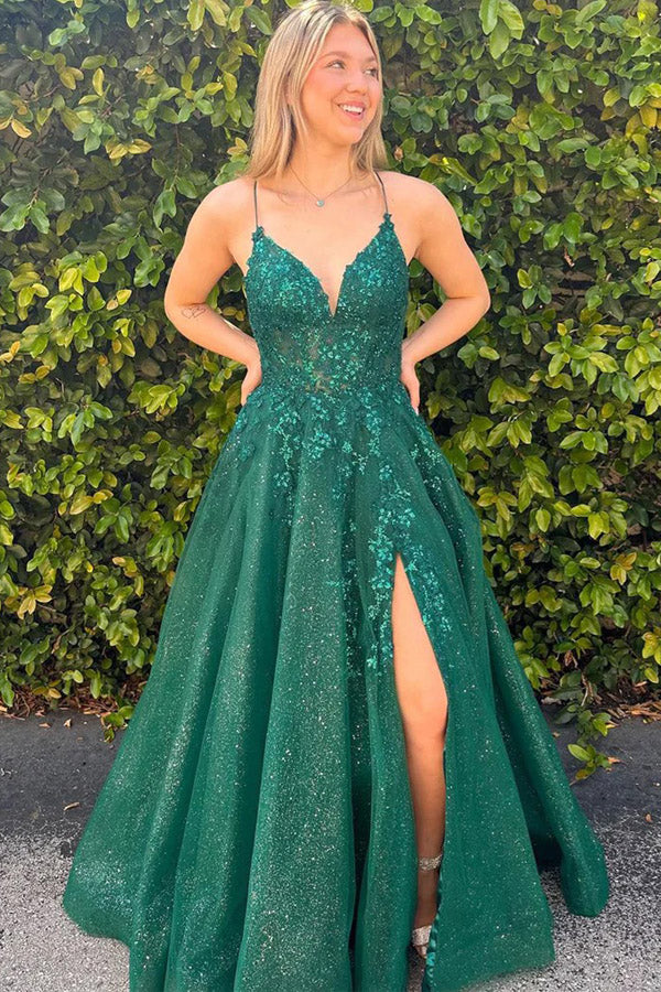 A-line V-neck Lace Appliques Dark Green Long Prom Dress TP1358-Tirdress