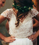 A-line V Neck Beaded Wedding Dress With Sleeves Rustic Wedding Gowns TN353-Tirdress