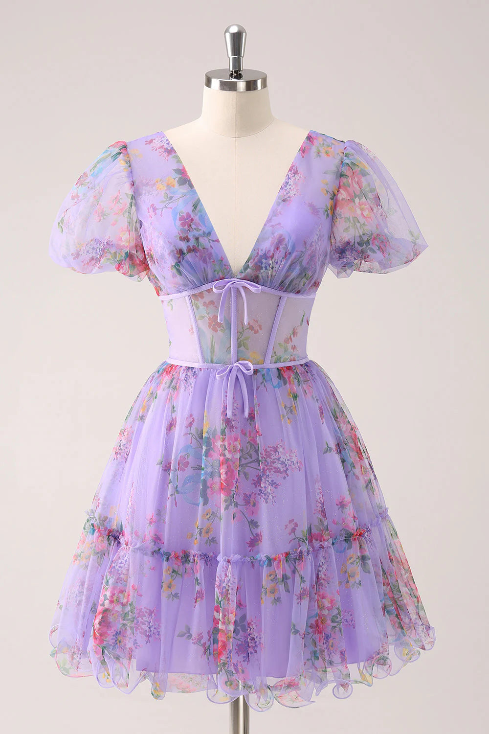 A-line V Neck Puff Sleeve Purple Floral Homecoming Dress Party Dress-Tirdress