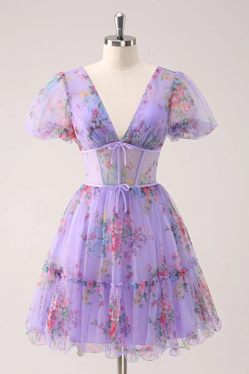 A-line V Neck Puff Sleeve Purple Floral Homecoming Dress Party Dress-Tirdress