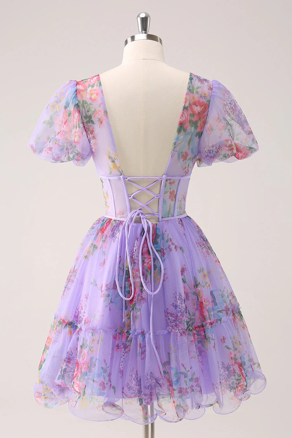 A-line V Neck Puff Sleeve Purple Floral Homecoming Dress Party Dress-Tirdress