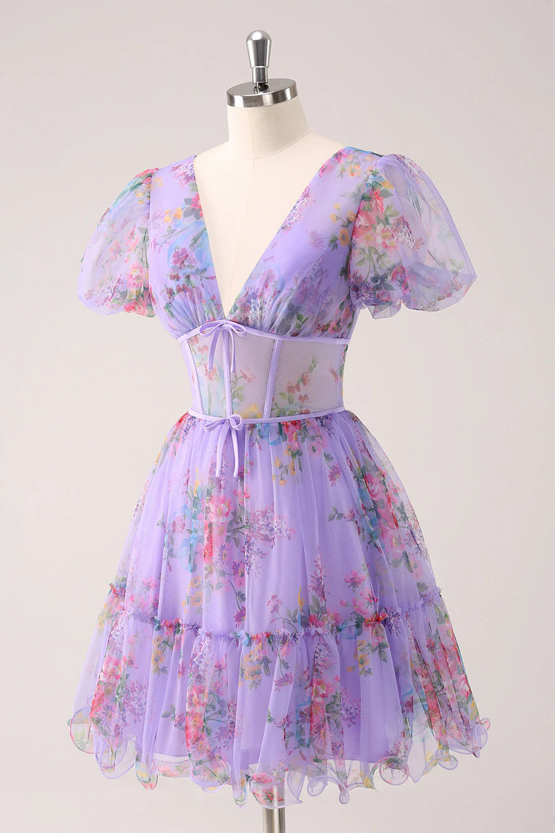 A-line V Neck Puff Sleeve Purple Floral Homecoming Dress Party Dress-Tirdress