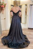 A Line Cold-Shoulder Sequined Lace Black Prom Dress With Slit TP1303-Tirdress