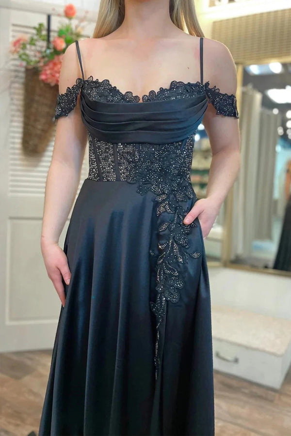A Line Cold-Shoulder Sequined Lace Black Prom Dress With Slit TP1303-Tirdress