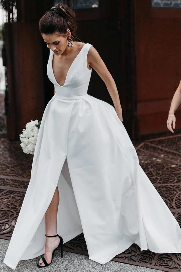 A Line Deep V Neck Open Back White Long Wedding Dresses Bridal Gown TN359-Tirdress
